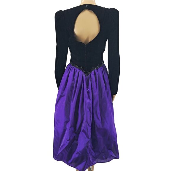 Jessica McClintock Gunne Sax Black Velvet & Purple Satin Long Sleeve Dress, Size - Picture 2 of 8